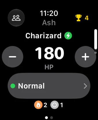 PokeCountr on Apple Watch: Charizard at 180 HP, status Normal